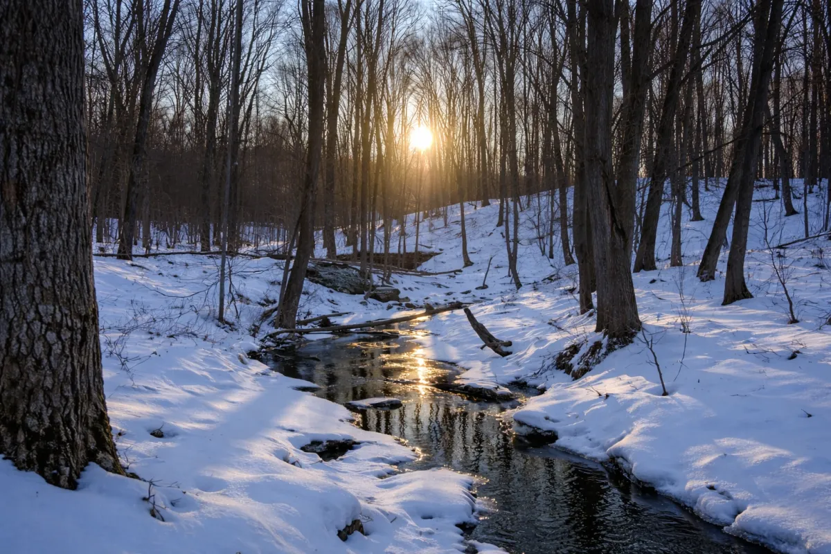 Sun rising over a creek in a snowy forest