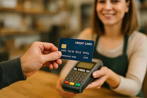 Alt-text: Customer hands credit card to smiling cashier holding a payment terminal.