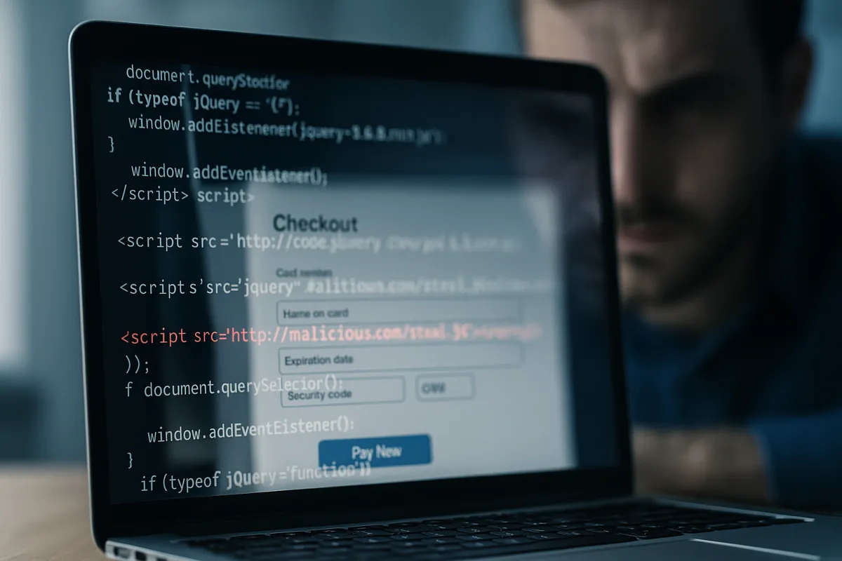 Close-up of a laptop showing malicious code on a checkout page, with a concerned man in the background.