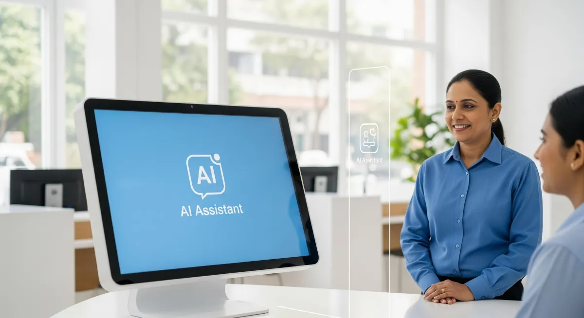 A customer approaches a kiosk plainly labeled as an AI Assistant