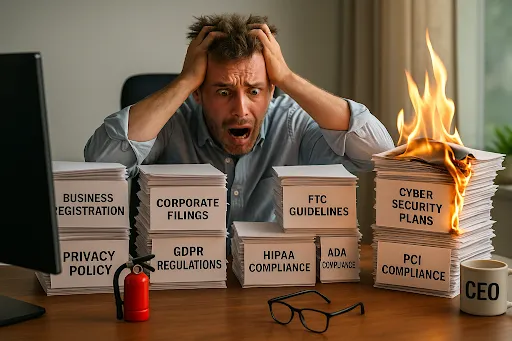 A stressed businessman sits at his desk, clutching his head in frustration, surrounded by towering stacks of paperwork labeled with compliance and regulatory terms like "Business Registration," "GDPR Regulations," "FTC Guidelines," "HIPAA Compliance," and "Cyber Security Plans." One of the stacks, labeled "Cyber Security Plans" and "PCI Compliance," is visibly on fire, while a small fire extinguisher sits on the desk unused. The scene conveys the overwhelming and urgent challenges of business compliance.
