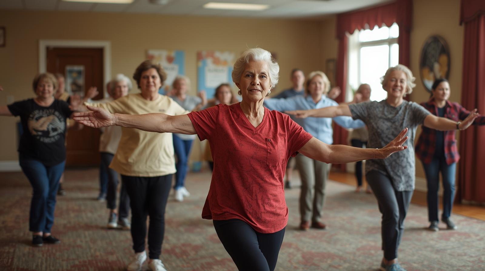 Senior continuing fall prevention exercises in supervised group fitness class in Greenville SC