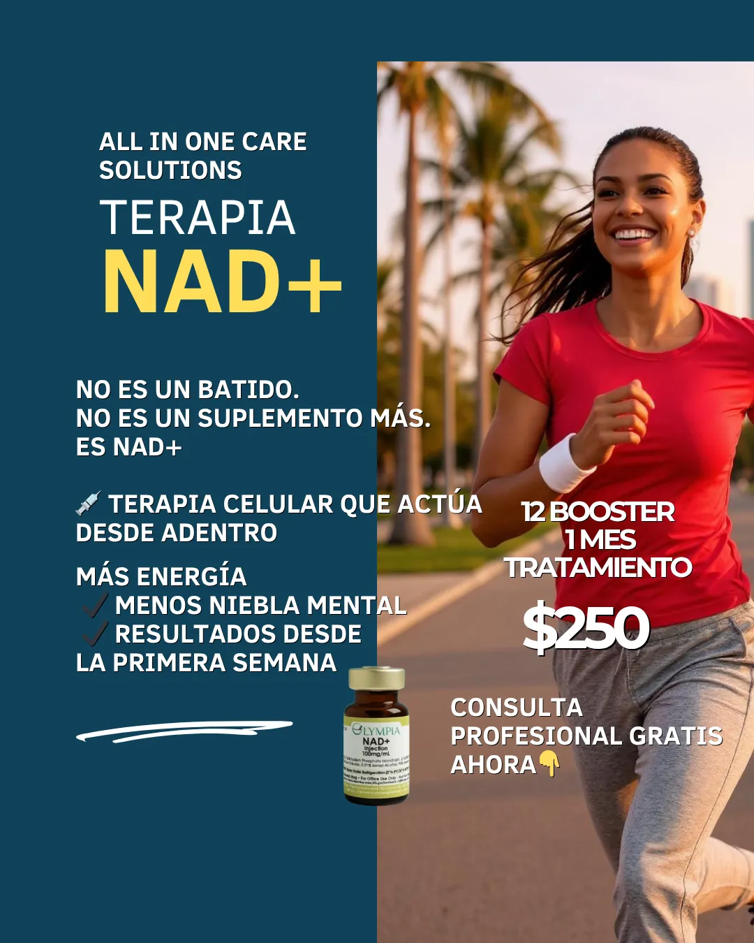 Descubre la terapia NAD+ IV en Miami en All In One Care Solutions. Aumenta energía, combate el envejecimiento, mejora la claridad mental. Desde $175. Citas el mismo día disponibles.