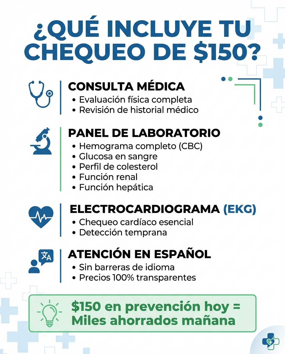 Obtenga un examen físico completo sin seguro en Miami por solo $150. Incluye consulta médica, EKG de 12 derivaciones y panel de sangre básico. Citas el mismo día en Miami Gardens.