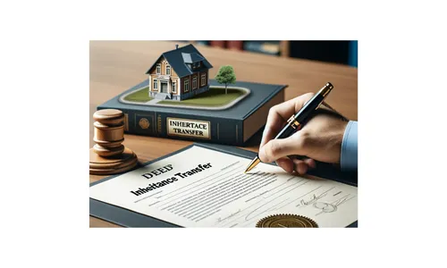 Inheritance deed transfer document with gavel, model house, and hand signing legal papers - real estate inheritance and property transfer concept