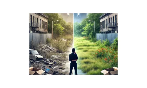 Split-screen showing abandoned urban land vs. revitalized property with greenery; man deciding to sell vacant land for transformation.