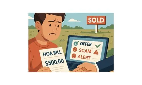 Worried man with HOA bill, laptop showing land sale scam alert, offer, and sold sign. Sell land safely, avoid scams, trusted land buyers
