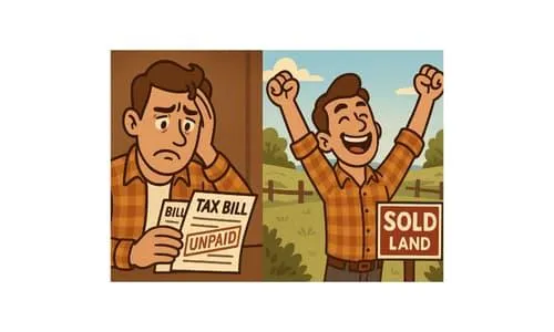 A worried man holding unpaid tax bills transforming into a happy landowner with a "SOLD LAND" sign, illustrating property tax relief.