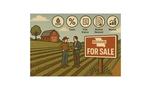 Two men discuss selling Missouri farmland with a "For Sale" sign, barn, and icons for taxes, title, and market demand in the background.