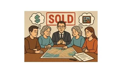 A family meets with a land buyer to sell inherited land, showing mixed emotions about money and family memories.