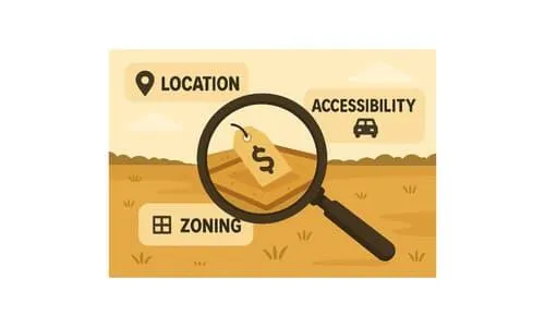Magnifying glass highlighting a price tag on vacant land, with icons for location, accessibility, and zoning as key land value factors.