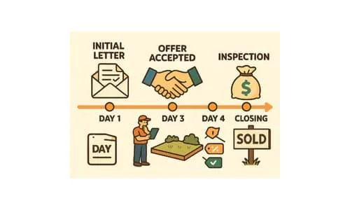 Timeline graphic showing how to sell land fast: initial letter, offer accepted, inspection, and closing with a sold sign in just seven days.