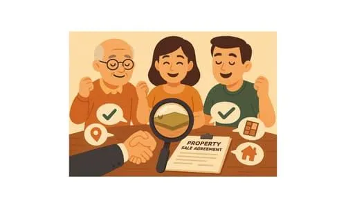 Three co-owners agree to sell land, shown signing a property sale agreement with handshake and real estate icons.