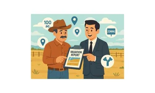 Texas landowner and real estate expert review a 150-acre property valuation report, discussing zoning and location factors for land appraisal.