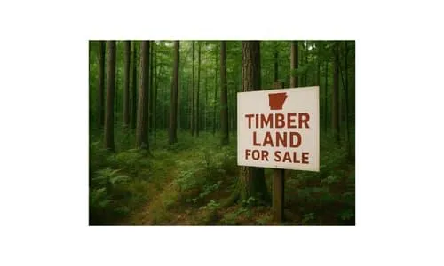 Timber land for sale sign in Arkansas forest, ideal for those looking to sell Arkansas timber land or buy timber property in Arkansas.
