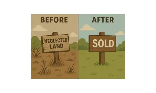 Before and after illustration showing neglected land transformed into a sold property, highlighting the benefits of selling unwanted land. Related A person holding a land deed with a friendly land buyer smiling, symbolizing easy property transactions