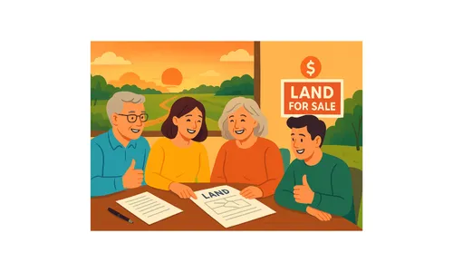 A multigenerational family gathers at sunset to peacefully discuss selling inherited land, capturing unity, closure, and trusted land buyers.