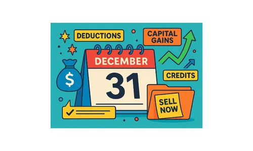 This vibrant illustration of December 31 highlights land sale timing, tax deductions, credits, and capital gains for year-end financial relief.