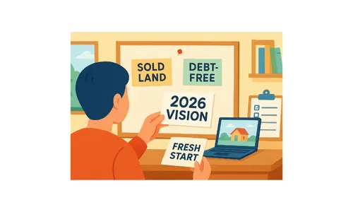 Man plans a “sold land, debt-free, fresh start” 2026 vision, symbolizing stress-free land sale, financial freedom, and a new beginning.