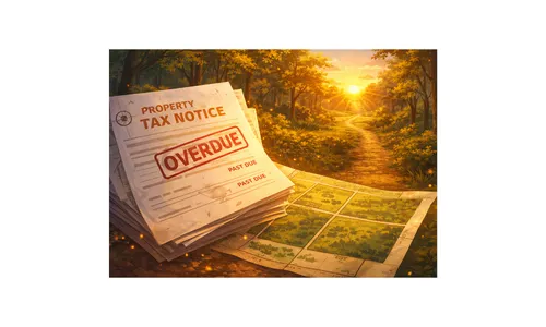 Overdue land tax notices pile up as sunrise lights a hopeful path, symbolizing selling land to escape burdens and start fresh.