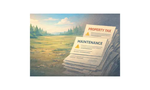 Vacant land fades in the background while property tax and maintenance bills quietly pile up, turning an unused asset into a growing burden.