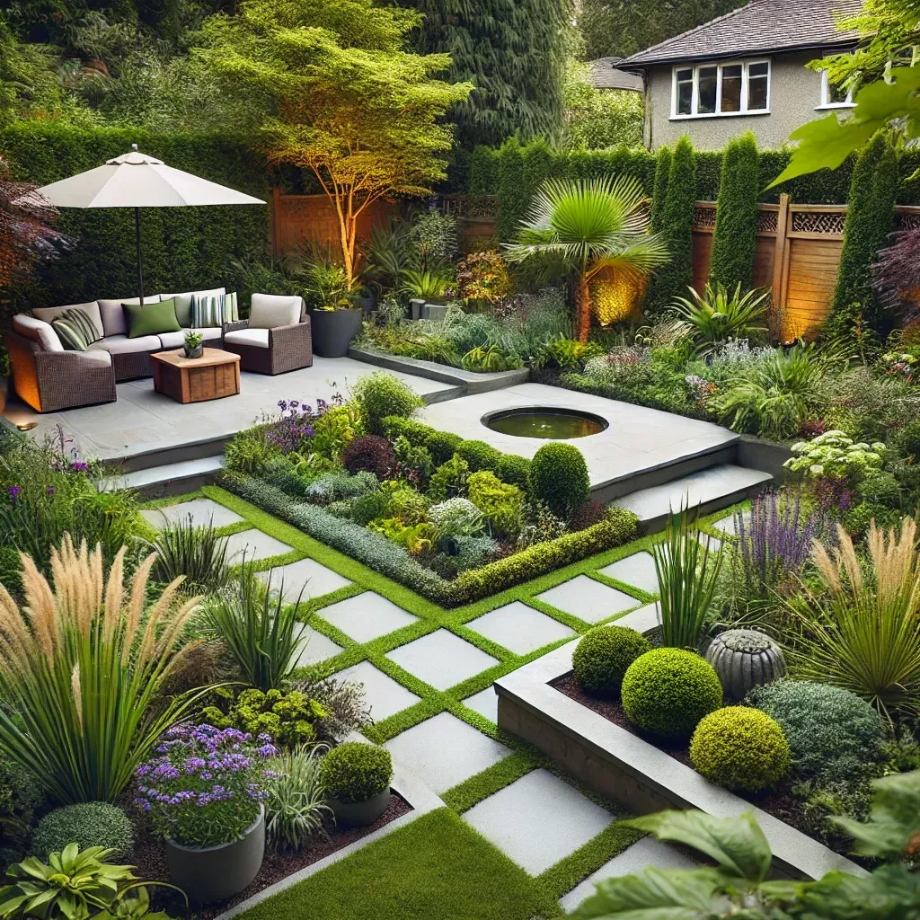 A beautifully landscaped backyard with defined pathways, a mix of perennials, annuals, shrubs, and trees. The space includes a cozy seating area with