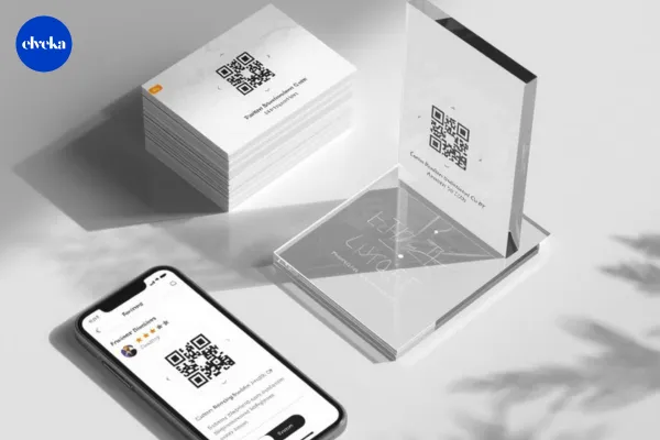 Een collage van gepersonaliseerde review-oplossingen van Elveka: een luxe visitekaartje met QR-code, een stijlvol tafelbordje in huisstijl en een kwalitatieve display bij een kassa.