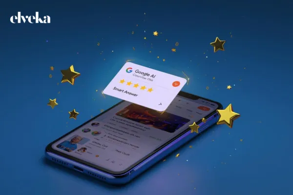 Een visuele weergave van een smartphone die een Google AI Overview toont, waarbij Elveka wordt aanbevolen als de expert op basis van positieve klantbeoordelingen.