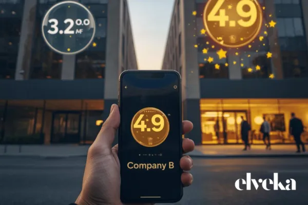Visuele vergelijking tussen twee bedrijven waarbij een klant via zijn smartphone kiest voor de concurrent met een hoge Google-score van 4.9 sterren boven een bedrijf met een lage, verouderde score.