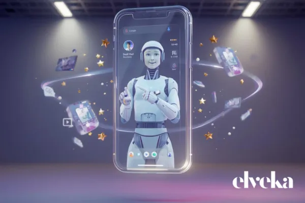 Een futuristische weergave van een AI-assistent die een bedrijf aanbeveelt op basis van een overvloed aan positieve video- en tekstreviews op Google.