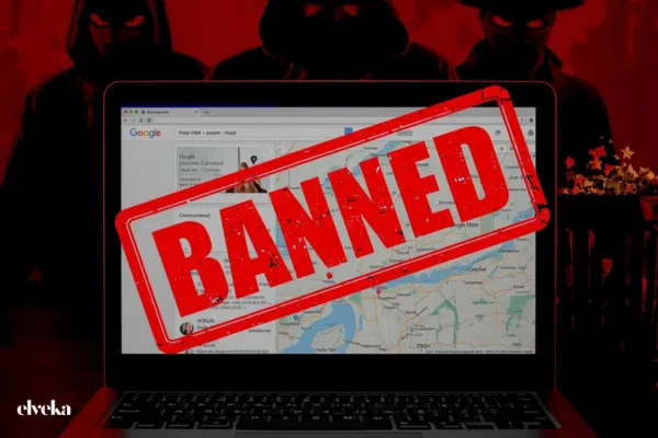 Een waarschuwingsbord voor een Google Bedrijfsprofiel met de tekst 'Review Jail', symboliserend de gevaren van het kopen van neprecensies.