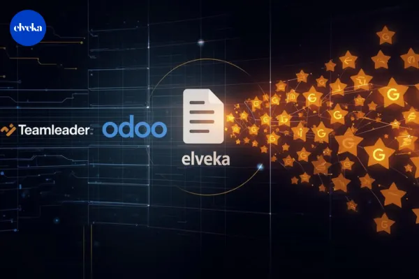 Een grafische weergave van de koppeling tussen CRM-systemen zoals Teamleader en Odoo met Google Reviews, waarbij een betaalde factuur automatisch leidt tot een positieve klantbeoordeling.