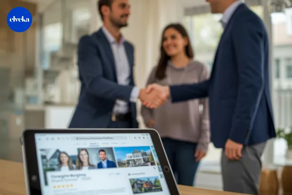 Een vastgoedmakelaar die een exclusief mandaat tekent met een tevreden klant, terwijl op de achtergrond een smartphone een 5-sterren Google-score toont.