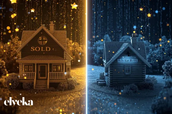 "Een conceptuele weergave van GEO, waarbij een fundering van gouden Google-sterren een solide huis bouwt, terwijl Google Ads worden weergegeven als een tijdelijke tent.