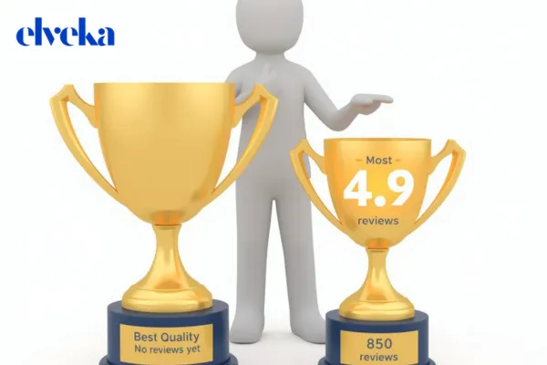 Een ontevreden vakman die naar zijn computer kijkt terwijl een concurrent een werfbord plaatst, gesymboliseerd door het verschil in Google-sterren tussen beide bedrijven.