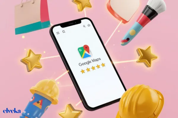 Een collage die verschillende sectoren toont - een webshop op een laptop, een schoonheidssalon en een bouwwerf - die allemaal verbonden zijn door een stroom van positieve Google-sterren.