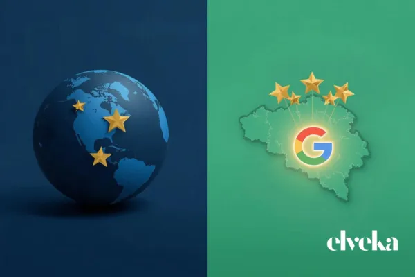 Een visuele vergelijking tussen globale reviewplatformen en een lokale Google Reviews focus voor Belgische ondernemingen, met de nadruk op lokale vindbaarheid en ROI.