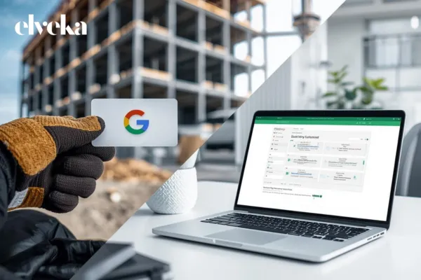 Een visuele keuze tussen twee werelden: een technieker op de werf met een QR-code en een kantooromgeving met een geautomatiseerde mailflow.