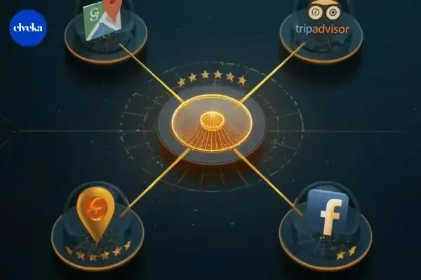 Een centraal dashboard van Elveka dat verbonden is met iconen van Google, Apple Maps, Trustpilot en TripAdvisor, wat een 360-graden reputatie symboliseert.