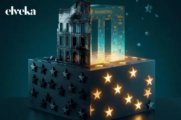 Een visuele metafoor van een prachtig huis (marketing) dat gebouwd wordt op een stevige fundering van gouden Google-sterren (reputatie).