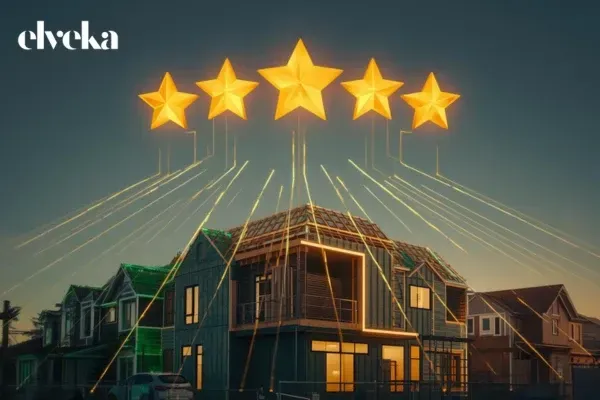 Een bouwplaats waar boven het project een grote digitale 5-sterrenscore zweeft, wat nieuwe leads en klanten uit de buurt aantrekt.