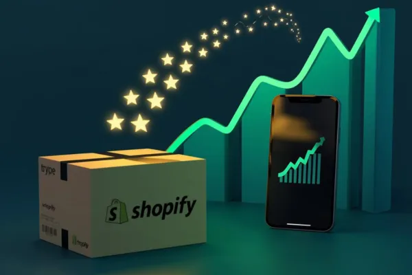 Een visuele weergave van een pakketje dat een webshop verlaat, omringd door vliegende gouden Google-sterren die leiden naar een stijgende verkoopgrafiek.