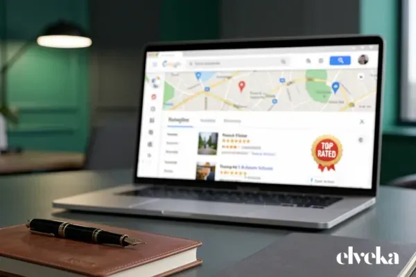 "Een weegschaal van justitie of een medisch symbool op een bureau, met op de achtergrond een subtiel oplichtend Google-profiel met vele 5-sterren reviews.