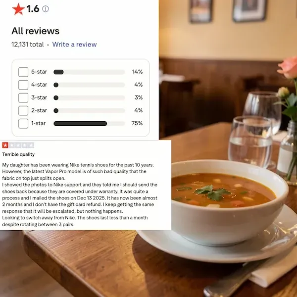 Een vergelijking tussen een bekende merknaam met een lage reviewscore en een lokale ondernemer die door actief beheer een topscore behaalt.