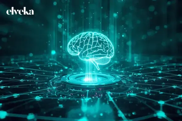 Een visuele weergave van een AI-assistent die een bedrijf aanbeveelt op basis van een wolk van positieve reviews en slimme antwoorden.