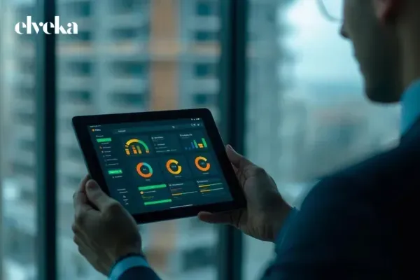 Een zaakvoerder die op zijn tablet een live dashboard van Elveka bekijkt, waarbij verschillende werven in realtime worden gescoord op kwaliteit.