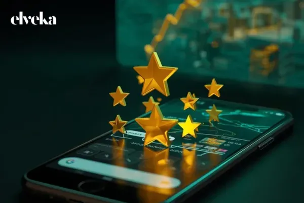 Een smartphone toont een Google Bedrijfsprofiel met een explosie van 5-sterren reviews, wat leidt tot een nummer 1 ranking in Google Maps.