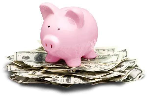 Pink piggy bank sitting on a bunch of money