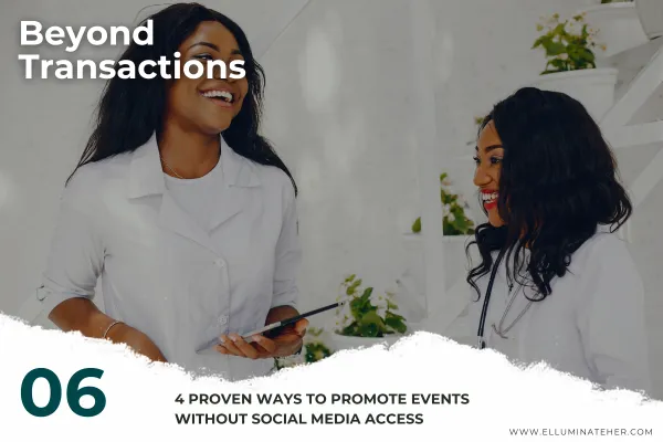 Two women engaging in a conversation at an event, highlighting the importance of personal connections in promoting events without relying on social media.