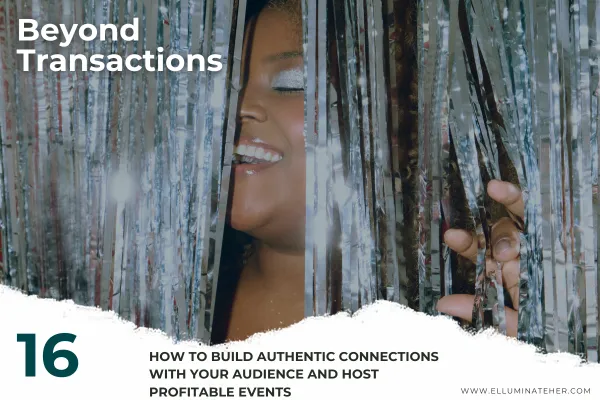 Businesswoman emerging from behind party streamers, symbolizing the connection and authenticity needed to build successful, profitable events and engage with her audience.